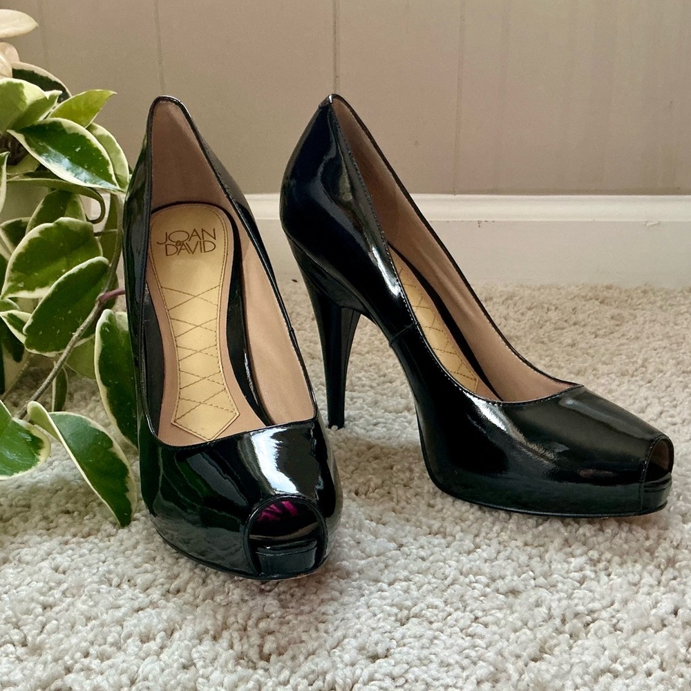Joan & David Black Patent Leather Peep Toe Pumps